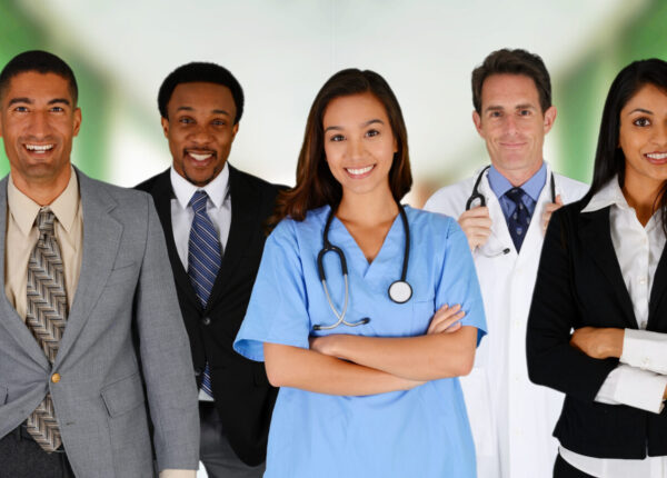 Team of workers together in an office setting