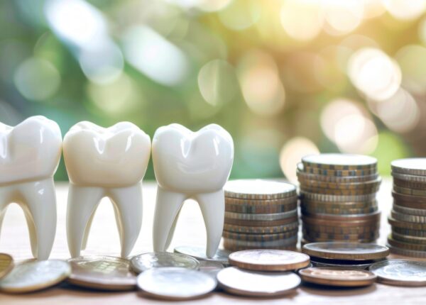 A tooth model is placed on a pile of coins, symbolizing financial investment in dental health.