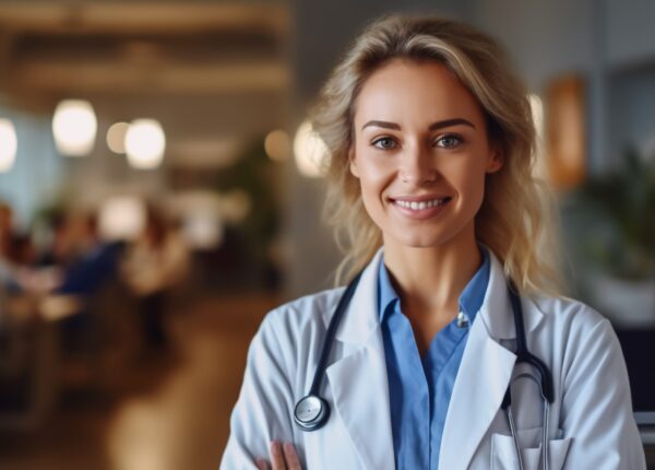 Medical concept of Indian beautiful female doctor in white coat with stethoscope, waist up. Medical student. Woman hospital worker looking at camera and smiling, studio, gray background