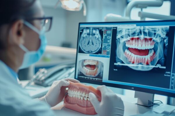 Dental professional analyzing dental X-rays and a model of teeth on a computer screen in a modern dental clinic.