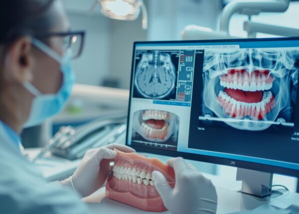 Dental professional analyzing dental X-rays and a model of teeth on a computer screen in a modern dental clinic.