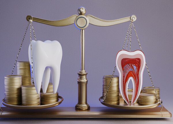 the cost of dental treatment corresponds to the quality. scales on which a tooth and stacks of coins. 3D render