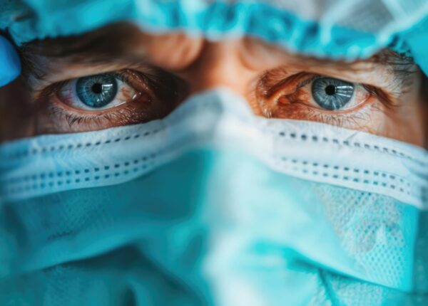 Close-up of surgeon's eyes and mask, intense focus during a critical operation, blue surgical cap and gloves, high-stakes medical scene