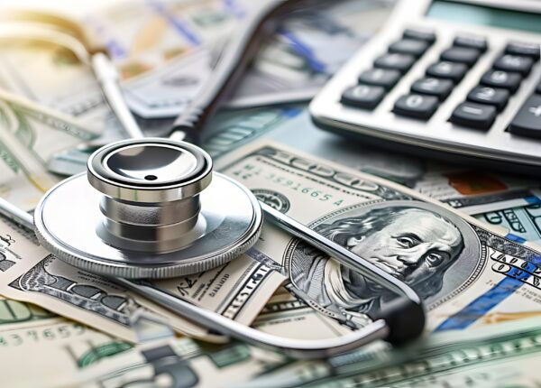 A close-up of medical expenses concept with a stethoscope, calculator, and US dollar bills on a medical billing statement, depicting the financial aspect of healthcare.