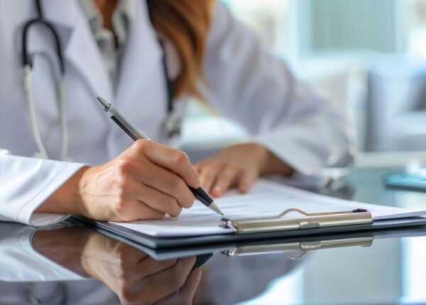 woman hands writing on clipboard with a pen, isolated on desk panoramic